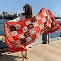 Ethnic bohemian geometric pattern red shawl scarf for women travel - 180x90cm / Red Orange Patchwork Geometric (18-3)