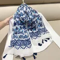 Vintage blue and white floral print shawl with decorative tassels in soft cotton linen feel - Raindrops / 180cm
