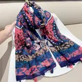 Vintage ethnic style cotton feel scarf with colorful floral print and tassels. - Pink and Blue Totem / 180cm