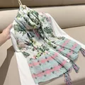 Retro ethnic style lightweight floral scarf featuring tassels and tropical leaf patterns - Green Marijuana Leaf / 180cm
