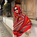 Large ethnic style red patterned cotton linen shawl for women warm traveling scarf - 180x90cm / Bright Red Dunhuang Totem (64)