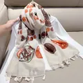 Elegant vintage ethnic style cotton-linen scarf with bohemian prints and fringe tassels - Creamy White Polka Dots / 180cm