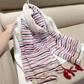 Vintage floral striped scarf with cotton linen feel and red tassels - Floral Stripes / 180cm