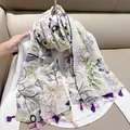Vintage floral cotton linen feel scarf with colorful botanical prints and tassels - Branch and Green Leaves / 180cm