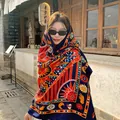Vibrant ethnic style cotton linen shawl featuring navy and orange geometric folk patterns - 180x90cm / Navy Dunhuang Moon Star (139)