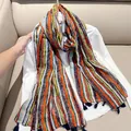Elegant retro ethnic style striped cotton linen feel scarf with navy blue tassel fringe detail - Colorful Stripes / 180cm