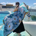 Bohemian large ethnic floral print cotton-linen shawl for women's travel and vacation - 180x90cm / Retro Blue Classical Flower (251)