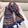 Vintage ethnic style floral print large scarf with navy tassel detail for women - Blue Boho / 180cm