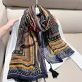 Vintage ethnic style cotton-linen feel scarf with colorful cashew floral prints and tassels - Black Geometric Pop / 180cm