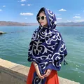 Elegant ethnic patterned blue and white large shawl scarf for outdoor travel photography - 180x90cm / Navy White Large Scroll (308)