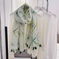 Vintage ethnic style cotton-linen scarf with green geometric pattern and tassels - Green Greek Key / 180cm