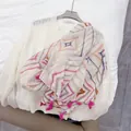 Ethnic cotton linen feel scarf with geometric patterns and bright pink tassels - Pink Greek Key / 180cm