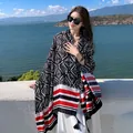 Ethnic style geometric pattern shawl with tassels for women's travel and sun protection - 180x90cm / Black White Red Rhombus Stripe (327)