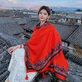 Vibrant ethnic style red oversized shawl with tassels, ideal for travel and cold weather. - 180x90cm / Bright Red Retro Totem (330)