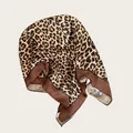 Pañuelo cuadrado de algodón y lino con estampado de leopardo, diadema, borde marrón - Leopardo Marrón