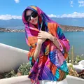 Ethnic style vibrant multicolored cotton linen shawl scarf for travel and photography - 180x90cm / Vivid Multicolor Patchwork Stripe (332)