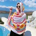 Bohemian ethnic style white cotton scarf featuring colorful geometric patterns and tassels - 180x90cm / White Base Multicolor Geometric (333)