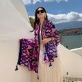 Bohemian ethnic geometric print shawl with tassels for women, vibrant purple and pink - 180x90cm / Purple Pink Blue Rhombus Patchwork (334)