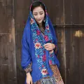 Ethnic style blue shawl with colorful floral embroidery for summer beach sun protection - 180x90cm / Sapphire Blue