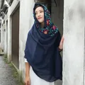 Ethnic style navy blue shawl with red floral embroidery for summer sun protection - 180x90cm / Navy Blue