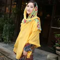 Ethnic yellow summer travel shawl with colorful floral embroidery for beach sun protection - 180x90cm / Turmeric