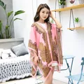 Elegant pink paisley print chiffon shawl with pearl accents for beach sun protection. - 100-160cm / Pink