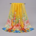 Yellow chiffon long scarf featuring vibrant floral and peacock feather prints for women - Yellow Peacock Feather Floral (27#) / 50-150cm
