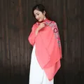 Lightweight coral red ethnic floral embroidered summer shawl for beach and vacation - 180x90cm / Watermelon red