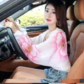 Stylish long sleeve chiffon sun protection shawl with large pink floral print for driving - Tops / 50cm x 150cm / White with Flower
