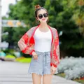 Elegant red floral print chiffon sunscreen shawl bolero for women beach and outdoor wear - Sleeved cashew Red / 50-160cm