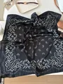 Elegant black silk square scarf with vintage white paisley cashew flower pattern - 70cm / Black Paisley