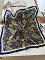 Vintage paisley print silk-like square scarf in elegant navy blue and gold color tones - 70cm / Navy Blue Paisley