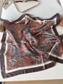 Elegant vintage orange paisley square silk scarf with a chic brown border design - 70cm / Khaki Grey Orange Paisley