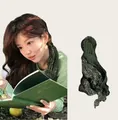 Detail of vintage dark green floral long scarf shown with lifestyle model view - 180cm / Green Small Floral