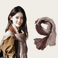 Detail view of vintage bicolor floral long scarf shown on a model and flat lay. - 180cm / Paisley Coffee