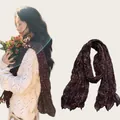 Retro floral pleated long scarf for women with model wearing and product detail view - 180cm / Floral Jujube Red