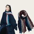 Detail showing the pleated texture and gradient colors of the vintage long scarf. - 180cm / Peacock Blue Coffee Gradient