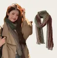 Elegant gradient crinkle long scarf in earth tones worn by a stylish fashion model - 180cm / Green Coffee Gradient