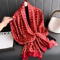 Elegant Chinese red faux silk scarf featuring golden lucky patterns and satin finish - Geometric Red