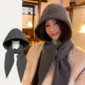 Grey knitted balaclava hooded scarf for women winter thick warm headwear accessory - One Size / Gray