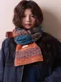 Close-up view of an Asian model wearing a multicolored 100% wool striped scarf - 168CM / Orange Style