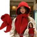Cozy red knitted hooded scarf balaclava with thick ear protection for winter warmth - One Size / Red