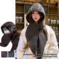 Warm brown knitted balaclava hood scarf combo with patterned lining for winter protection - One Size / Coffee