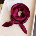 Elegant burgundy pleated silk scarf square with premium texture for hair or neck - Burgundy / 45-90cm
