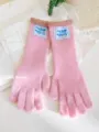 Vista detallada de guantes largos de punto rosas con una etiqueta azul estética - Talla única / Rosa Sakura
