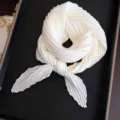 Elegant pleated cream white small square silk scarf for professional necktie and hair accessory - Off White / 45-90cm