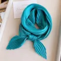Elegant teal pleated small square silk scarf with accordion folds for professional style - Sky Blue / 45-90cm