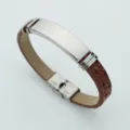 Men's brown faux leather bracelet featuring a polished stainless steel ID tag for DIY laser engraving - Brown