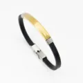 Schwarzes Lederarmband mit polierter Goldplatte und Edelstahlschnalle. - Goldfarben (PG112)