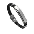Retro schwarz geflochtenes Lederarmband mit polierter Edelstahlplatte für Damen und Herren - Silber